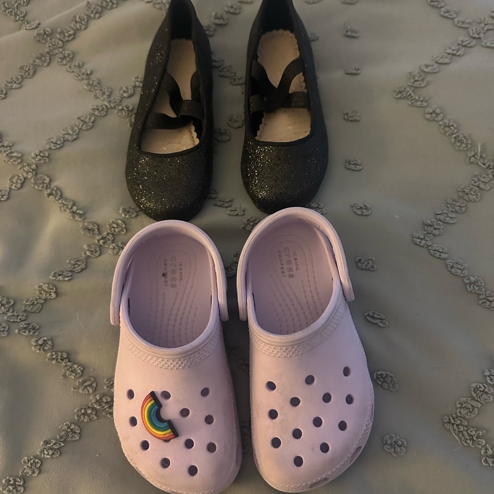 Black Glitter Ballet Flats and Purple Crocs for Kids size 9